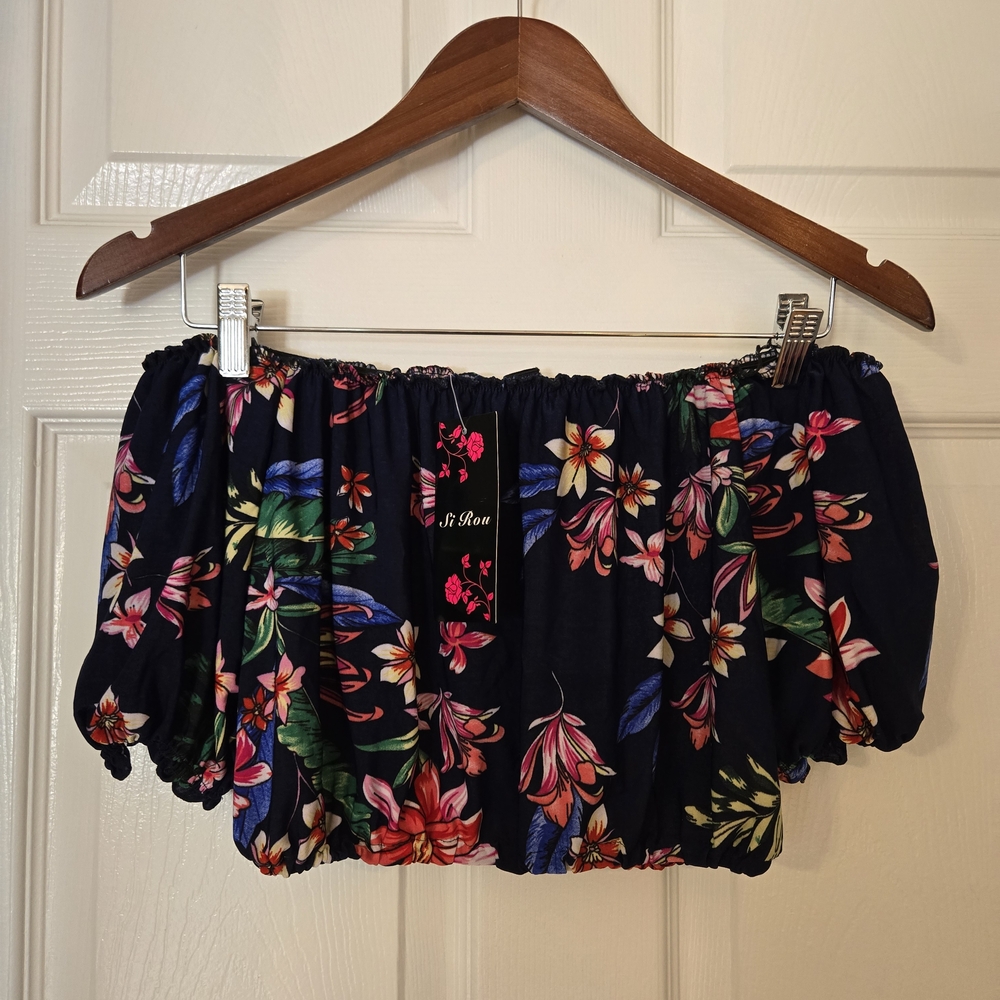 Floral Off-Shoulder Crop Top - Navy Multi